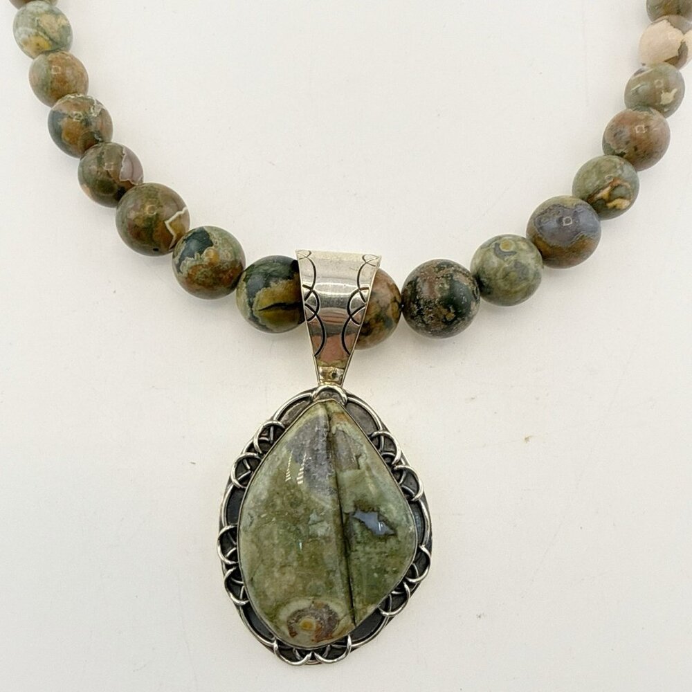 Jay King Necklace Rainforest Jasper Pendant Set Sterling Silver Beaded Green 925